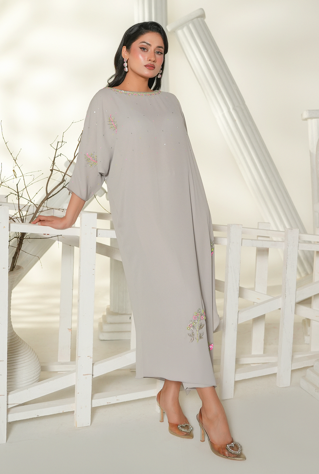 Pearl Grey Embellished Kaftan