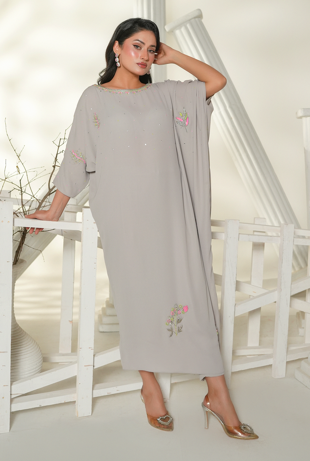 Pearl Grey Embellished Kaftan