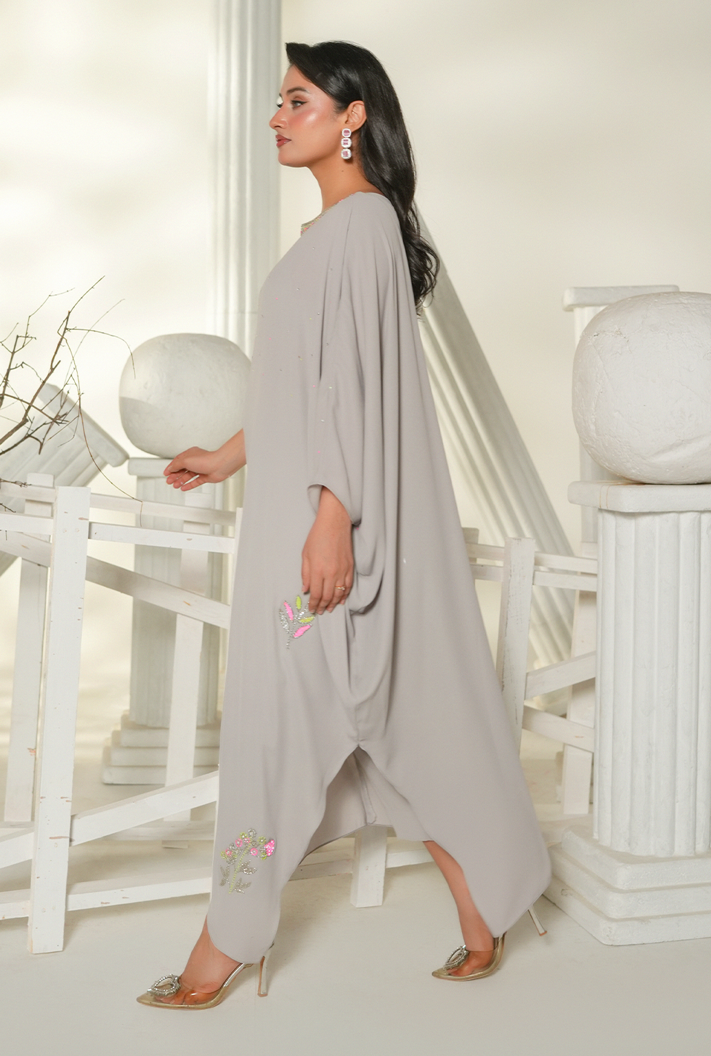 Pearl Grey Embellished Kaftan