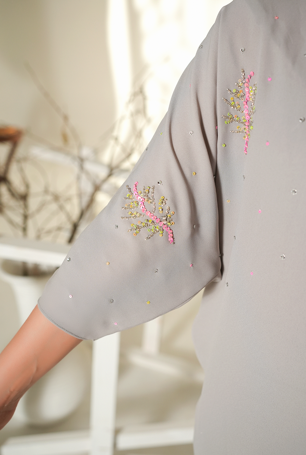 Pearl Grey Embellished Kaftan